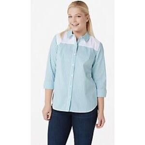 Denim Co. Yarn Dyed green white Striped Button front Tunic Shirt 1X New A351588